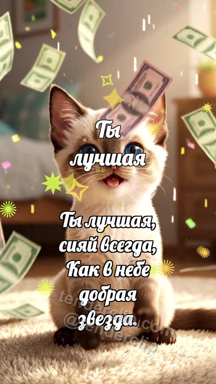 Анимационная открытка на тему Ты лучшая: Котёнок под дождём денег
