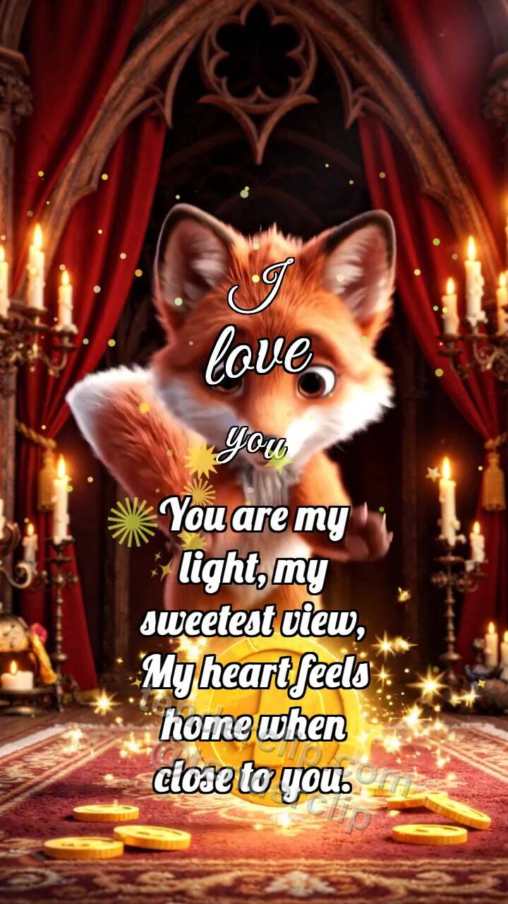 Animated greeting card about I love you: Fox Cub Catches Luck