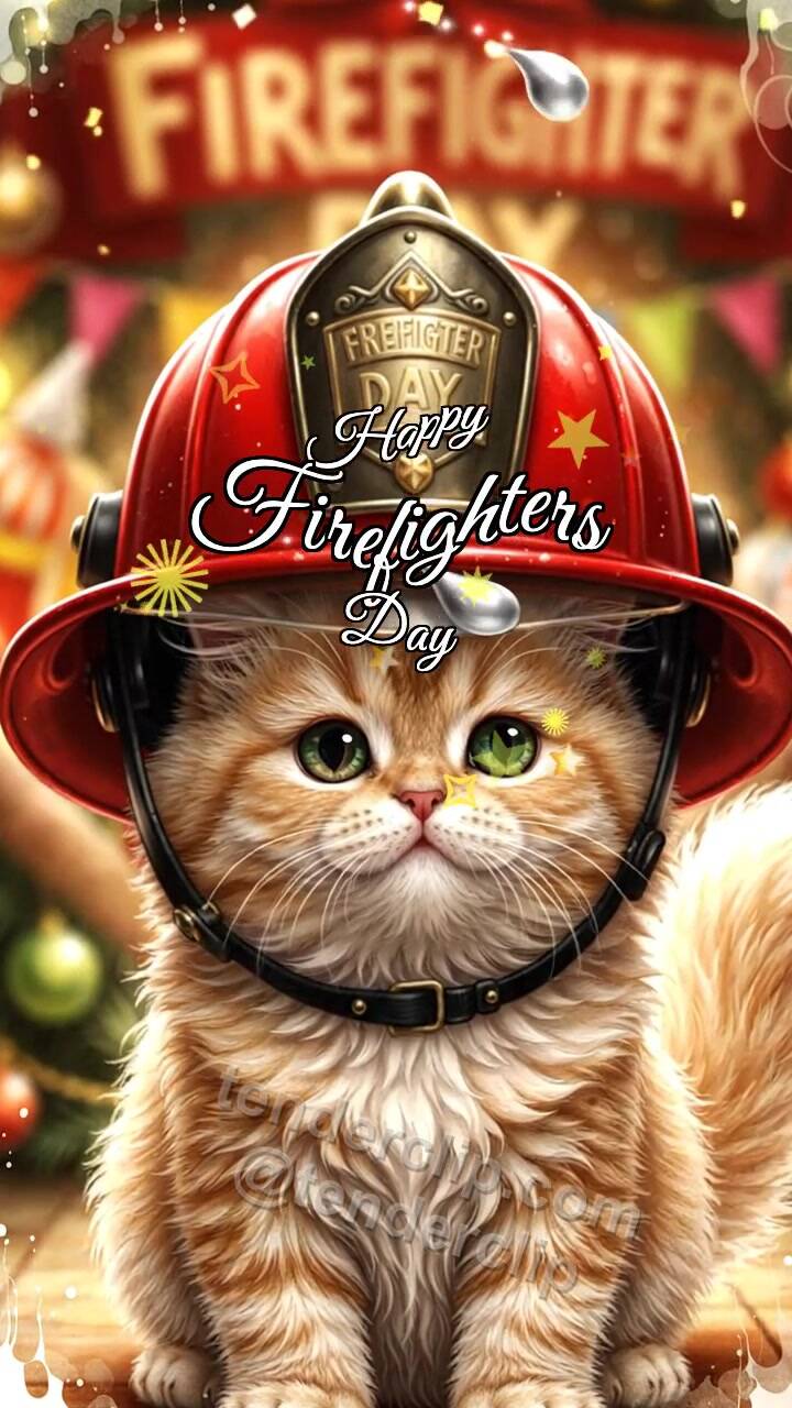Animated greeting card about Happy Firefighters Day: Kitten In Bright Helmet
