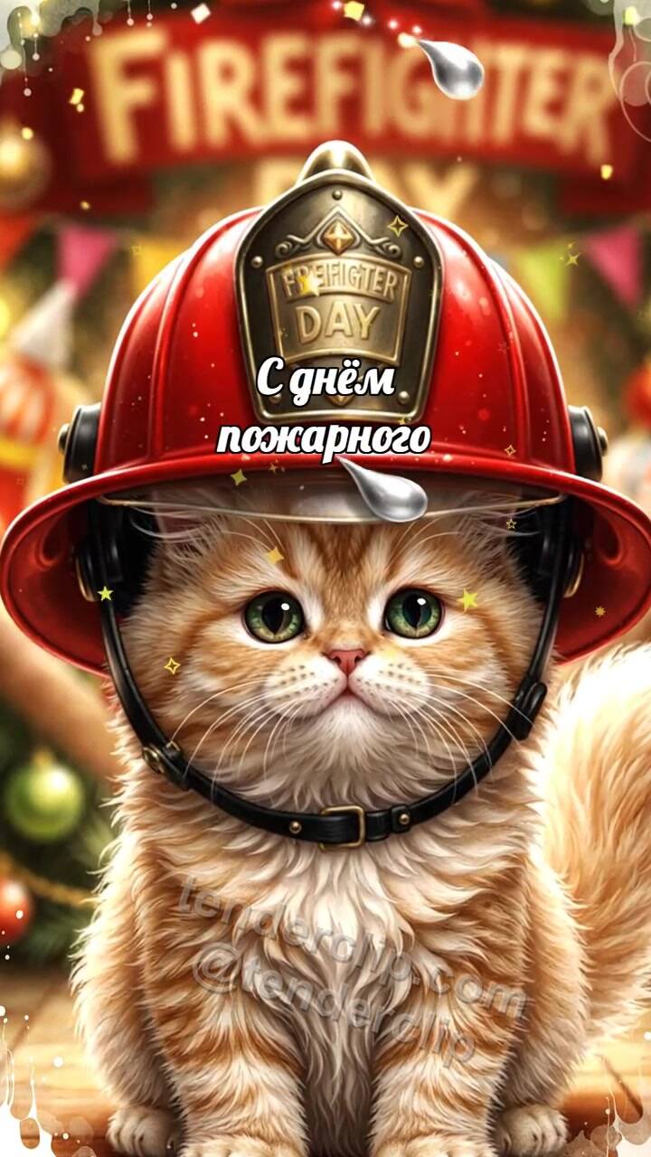 Анимационная открытка на тему С днём пожарного: Котёнок в блестящем шлеме