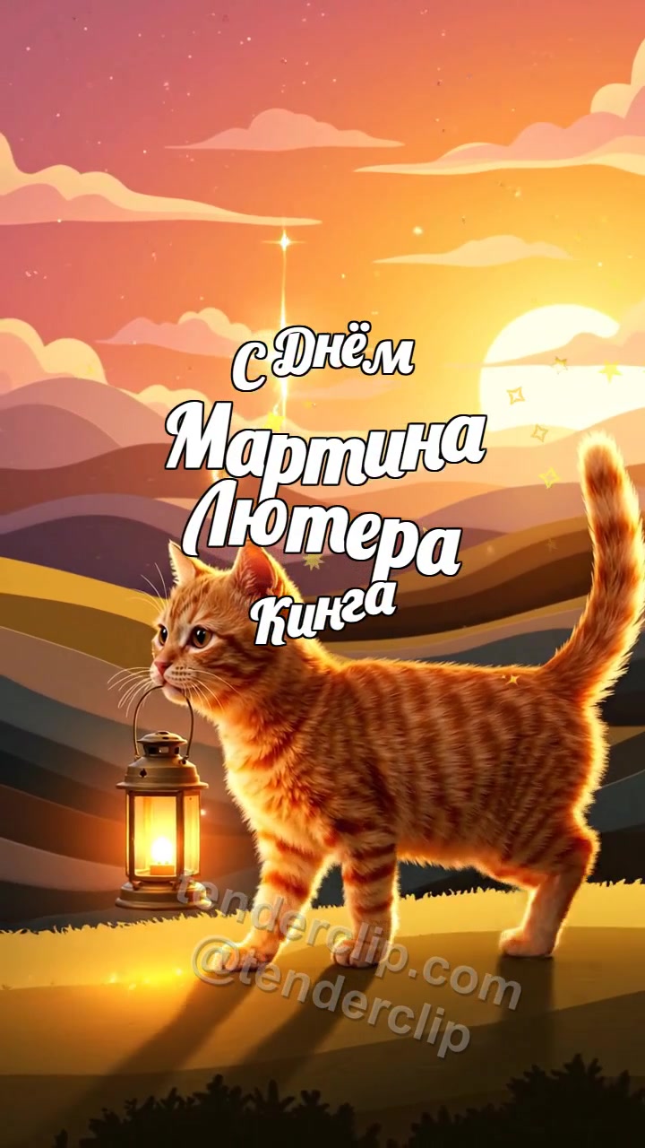 Анимационная открытка на тему С Днём Мартина Лютера Кинга: Котёнок несёт свет надежды