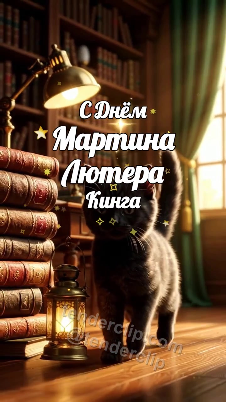 Анимационная открытка на тему С Днём Мартина Лютера Кинга: Котёнок несёт свет надежды