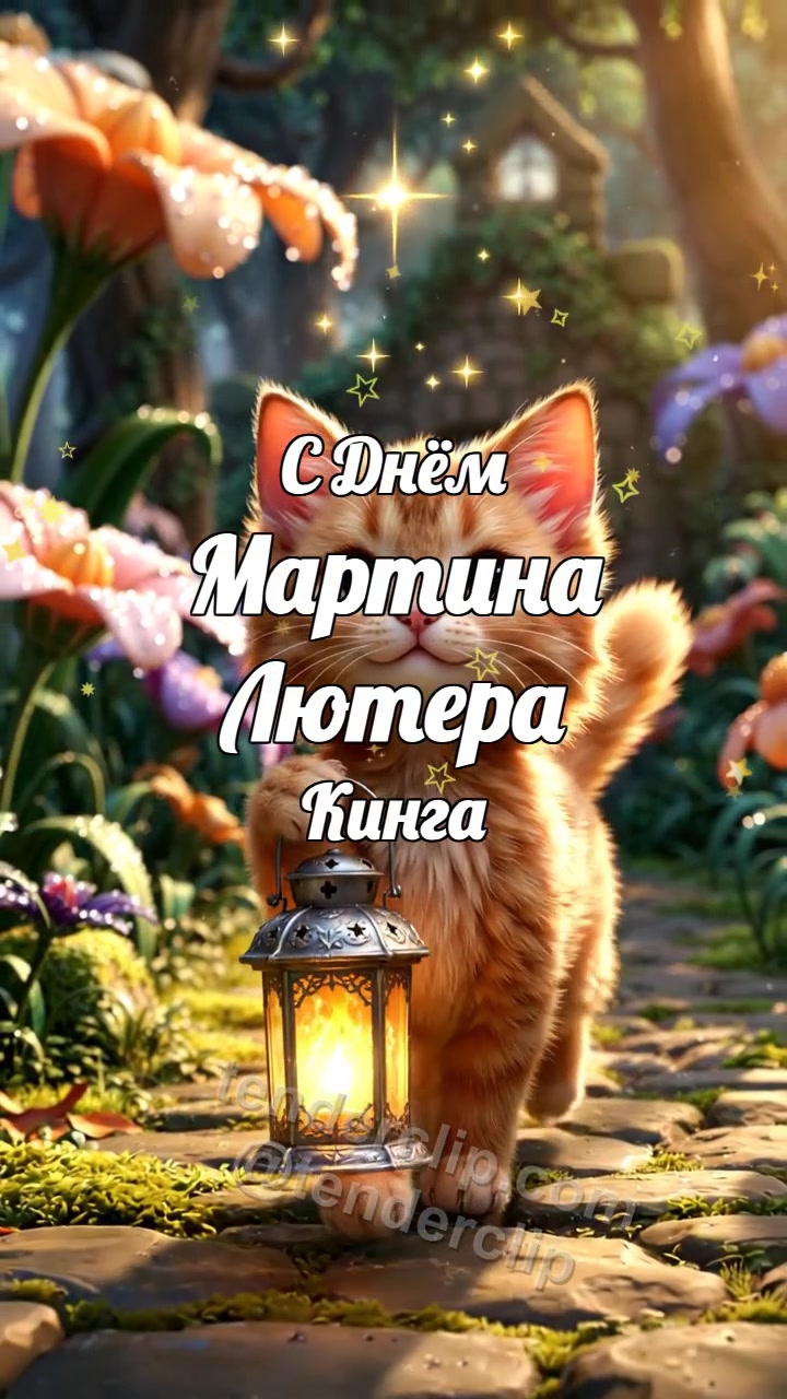 Анимационная открытка на тему С Днём Мартина Лютера Кинга: Котёнок несёт свет надежды