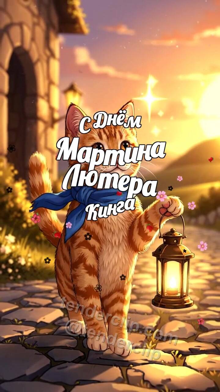 Анимационная открытка на тему С Днём Мартина Лютера Кинга: Котёнок несёт свет надежды