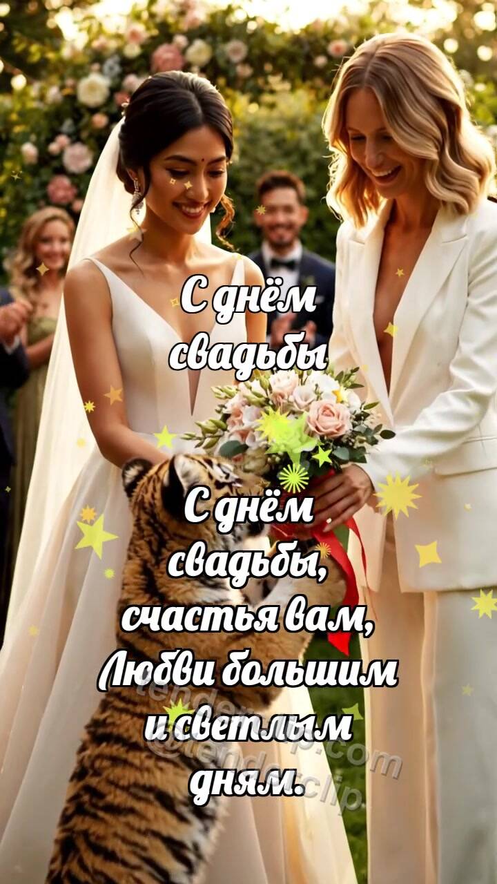 Анимационная открытка на тему С днём свадьбы: Тигрёнок подаёт букет