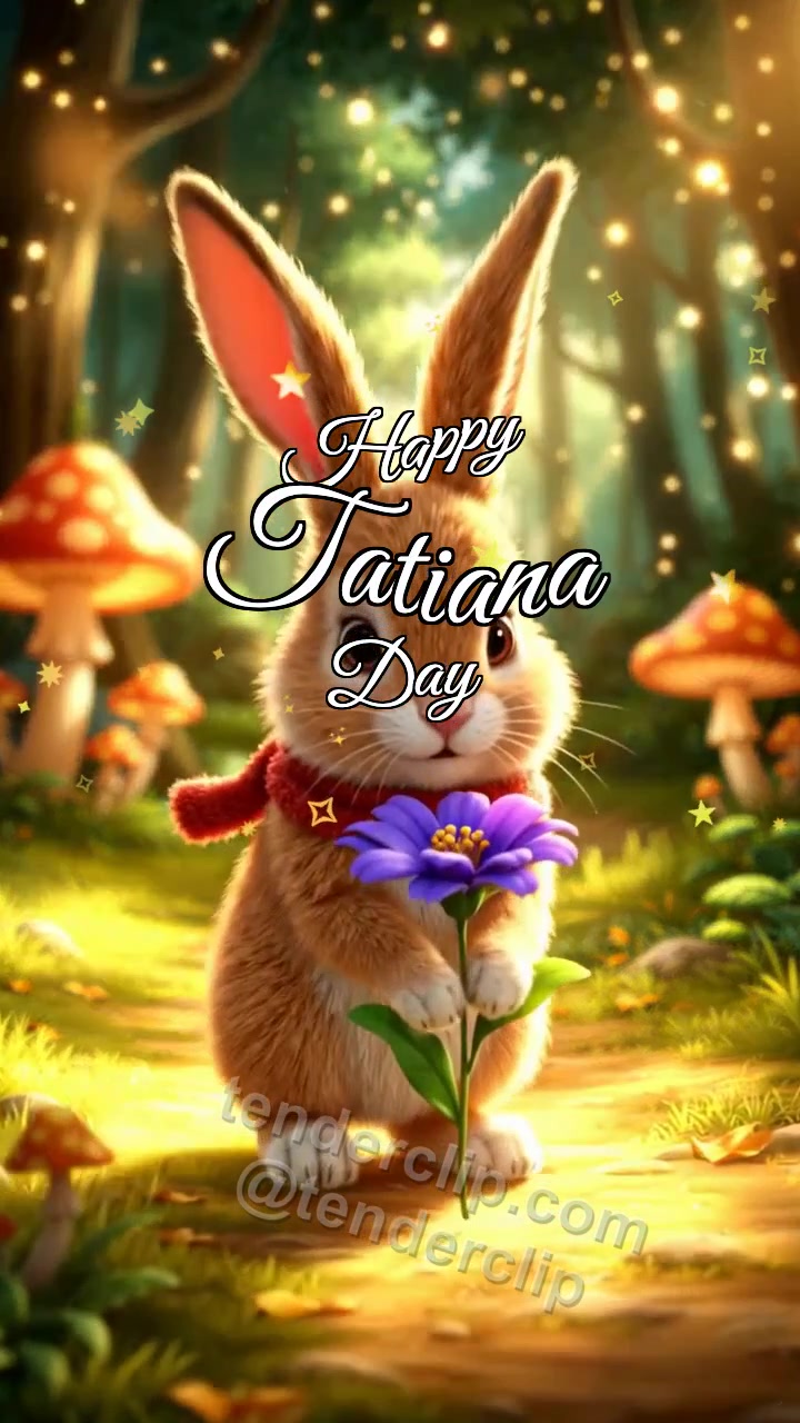 Animated greeting card about Happy Tatiana Day: Bunny Brings Violet