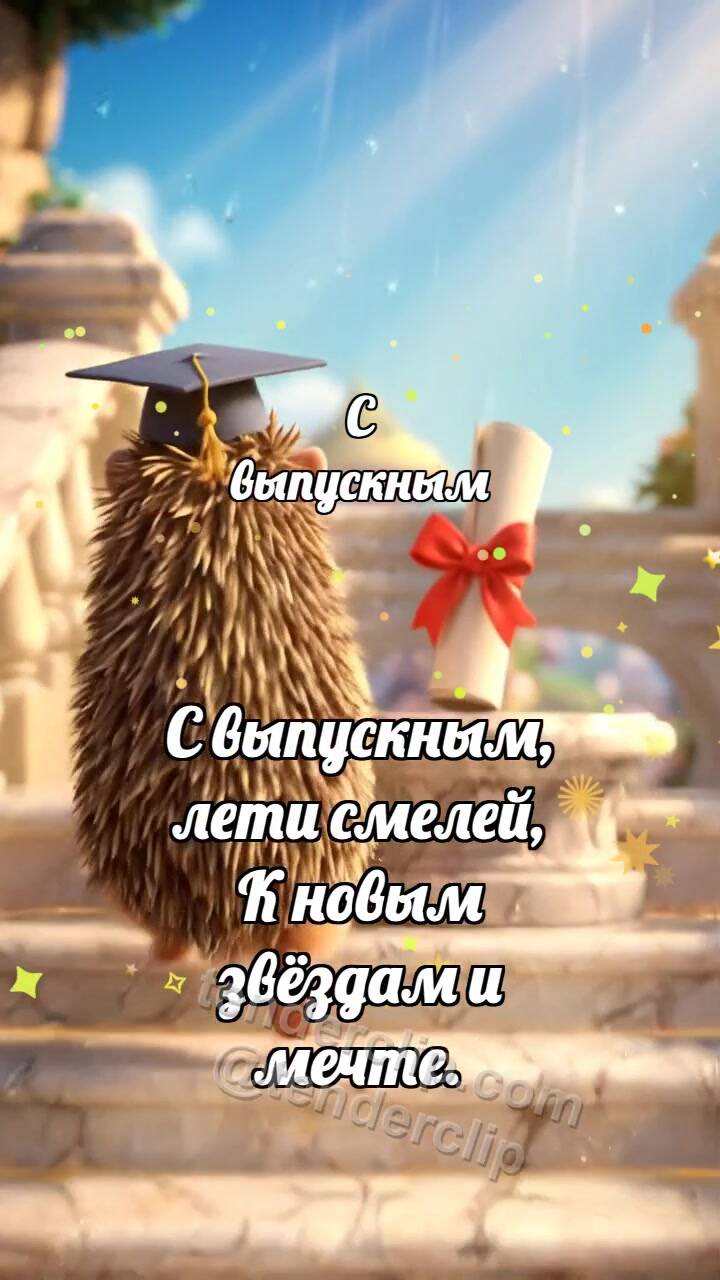 Анимационная открытка на тему С выпускным: Ёжик на вершине ступеней