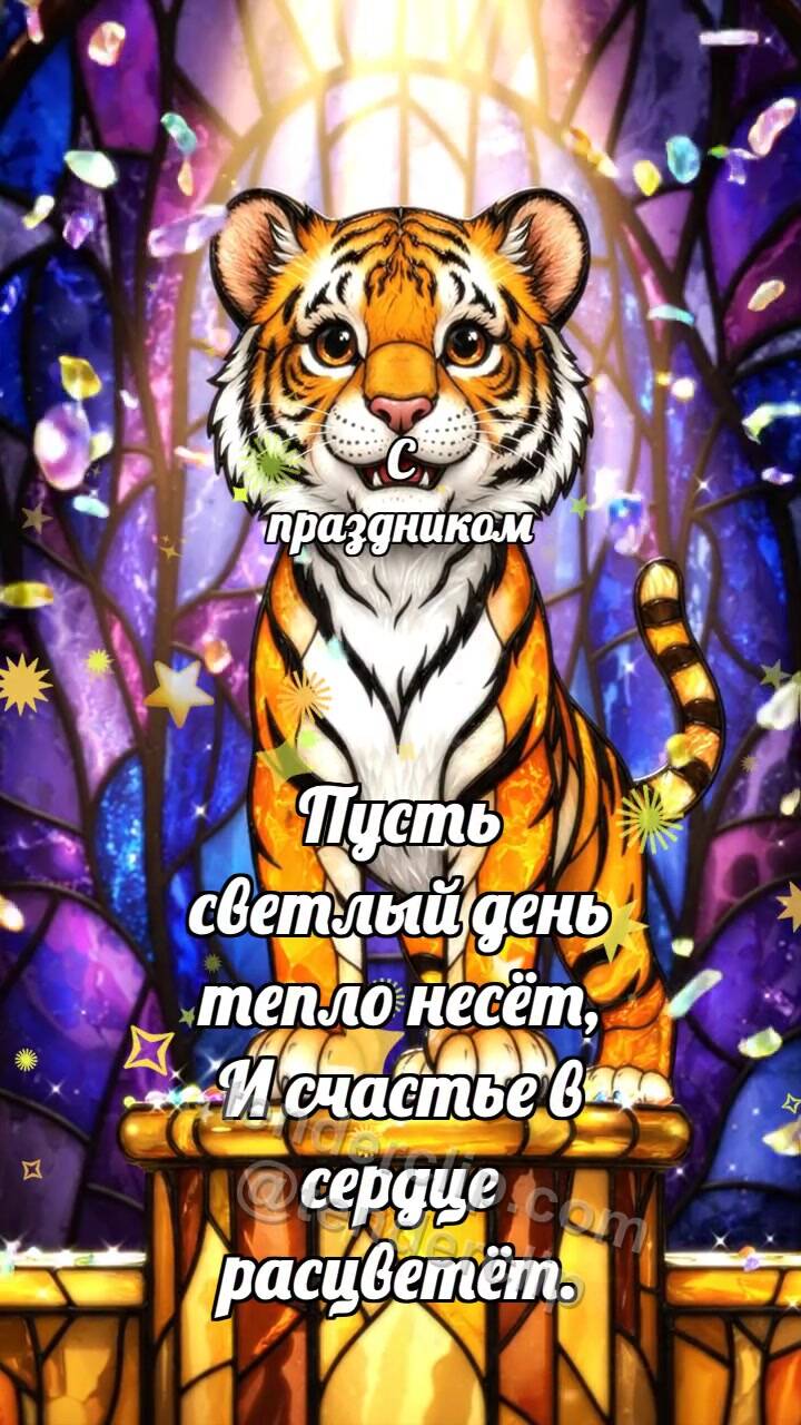 Анимационная открытка на тему С праздником: Тигрёнок на вершине