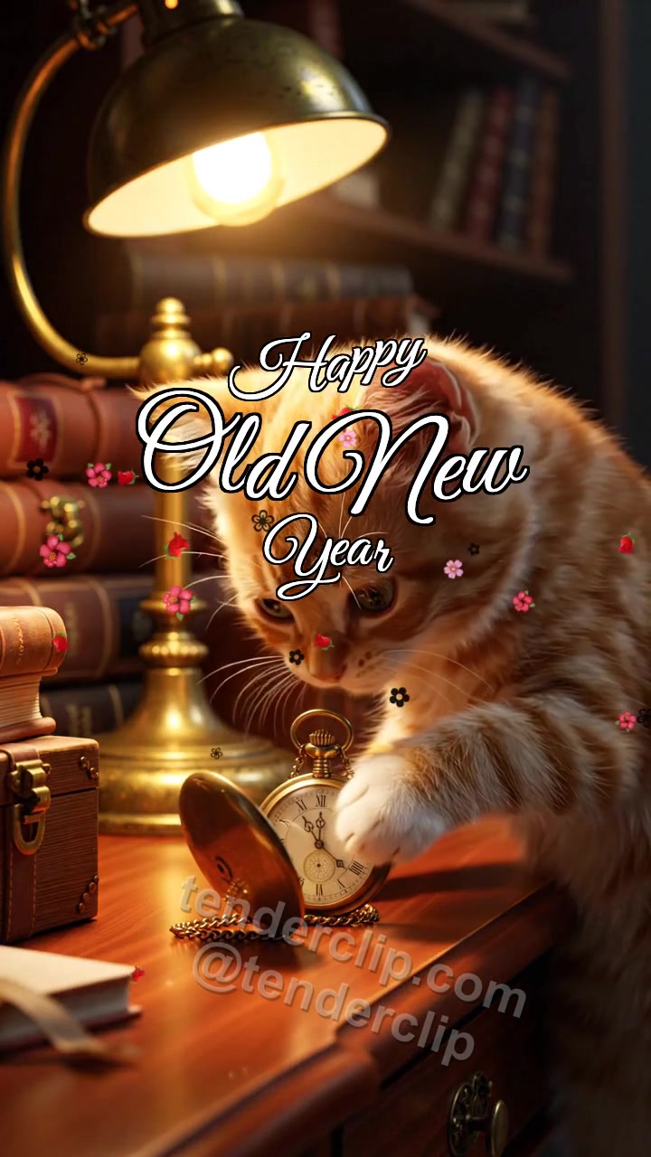 Animated greeting card about Happy Old New Year: Kitten By Second Gift