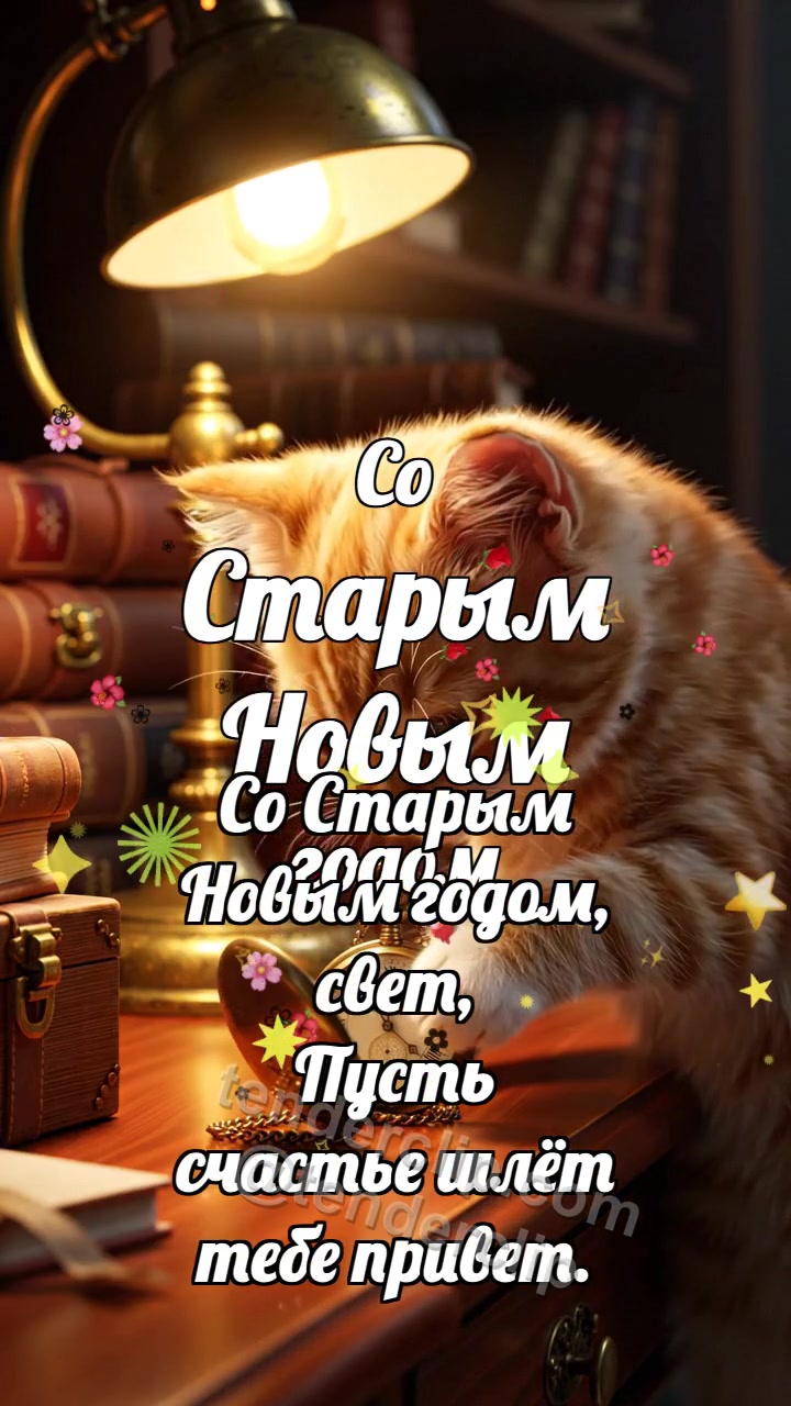 Анимационная открытка на тему Со Старым Новым годом: Котёнок у второго подарка