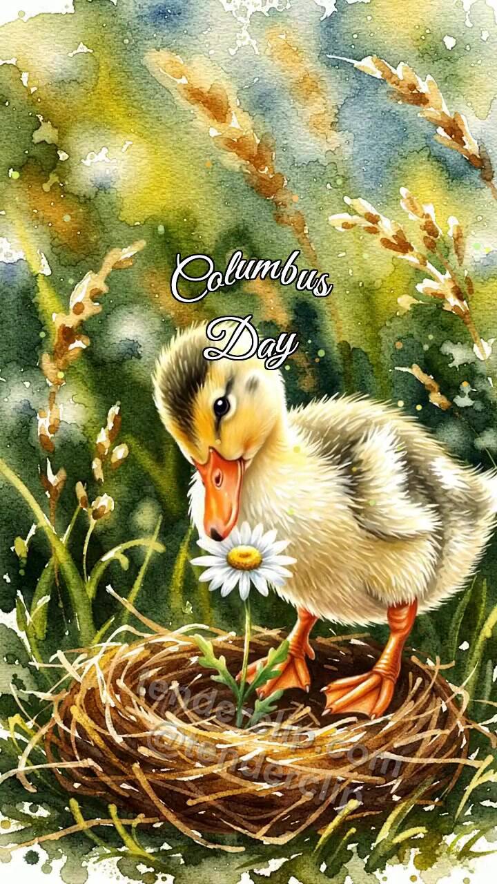 Animated greeting card about Columbus Day: Duckling Opens Day Gift