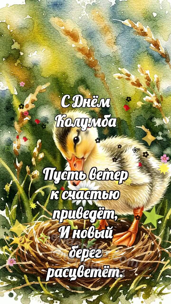 Анимационная открытка на тему С Днём Колумба: Утёнок открывает подарок дня
