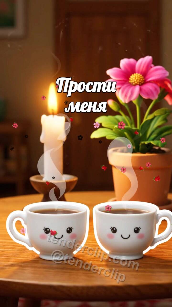 Анимационная открытка на тему Прости меня: чашка чая придвигается ближе