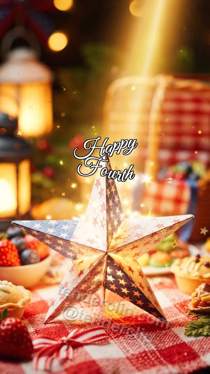 Animated greeting card about Happy Fourth: paper star wakes up first