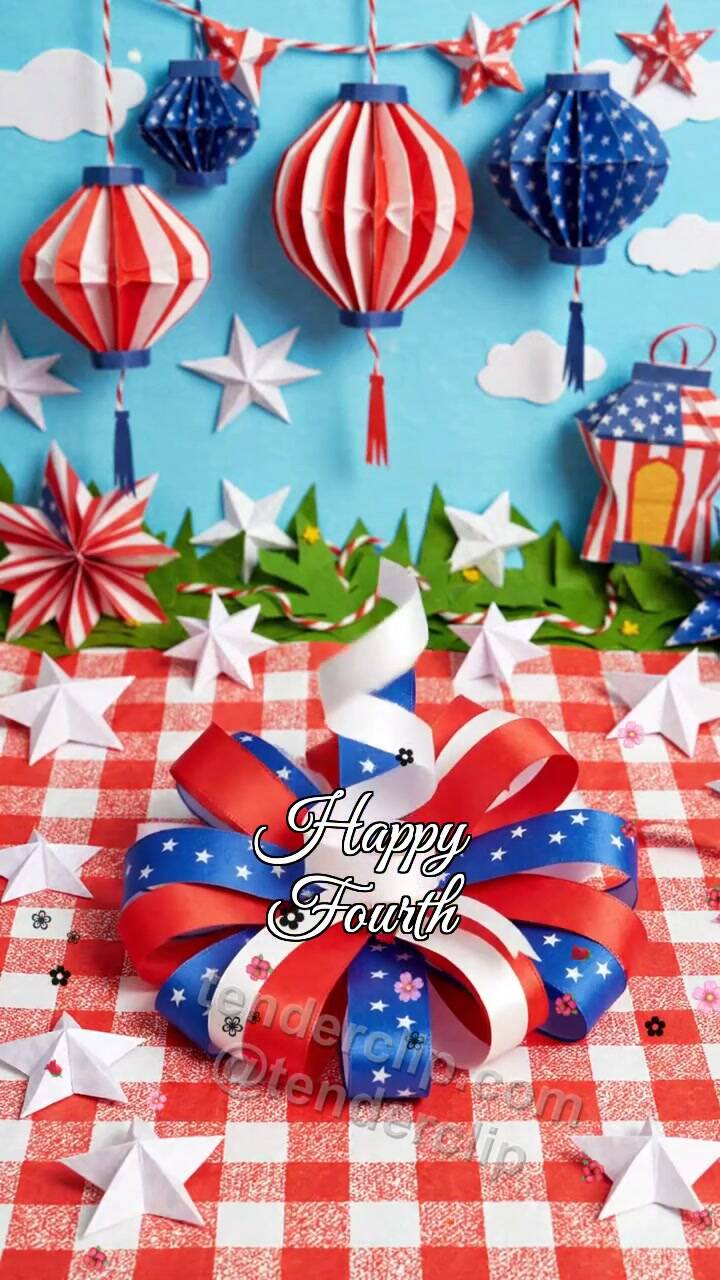 Animated greeting card about Happy Fourth: ribbon fixes the decoration