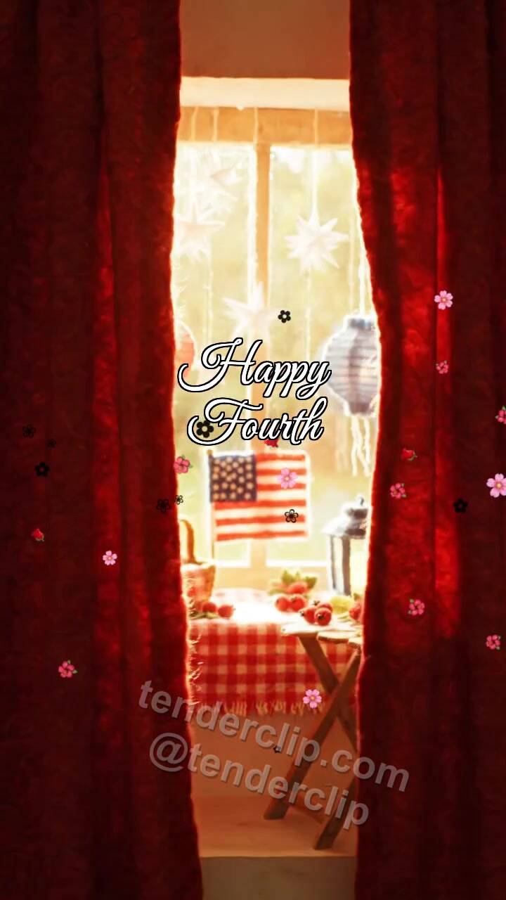 Animated greeting card about Happy Fourth: window reveals the holiday scene
