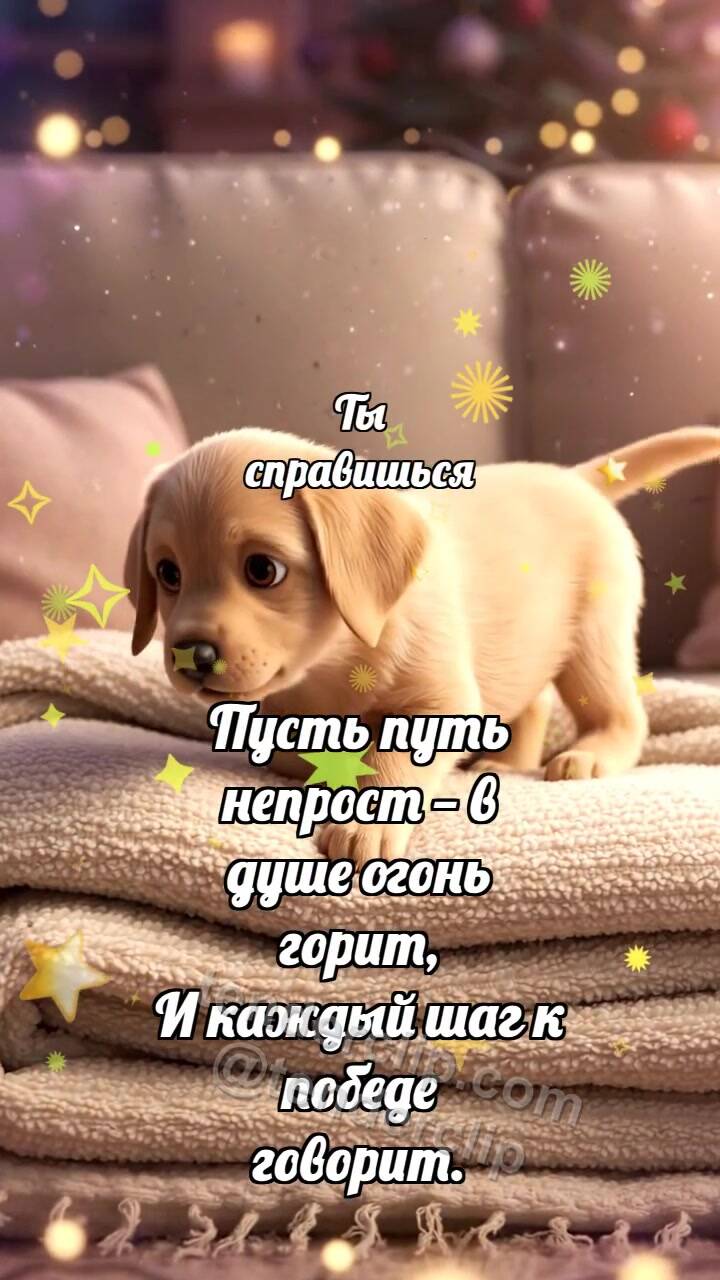 Анимационная открытка на тему Ты справишься: Щенок взбирается на плед