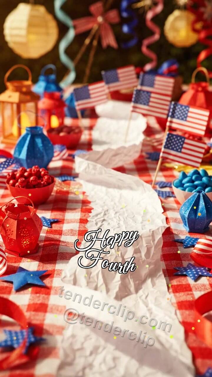 Animated greeting card about Happy Fourth: paper path leads to the symbol