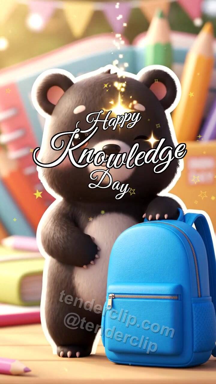 Animated greeting card about Happy Knowledge Day: Bear Cub With Bright Backpack