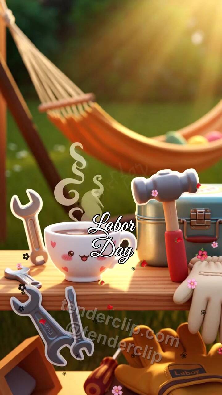 Animated greeting card about Labor Day: tea moves closer