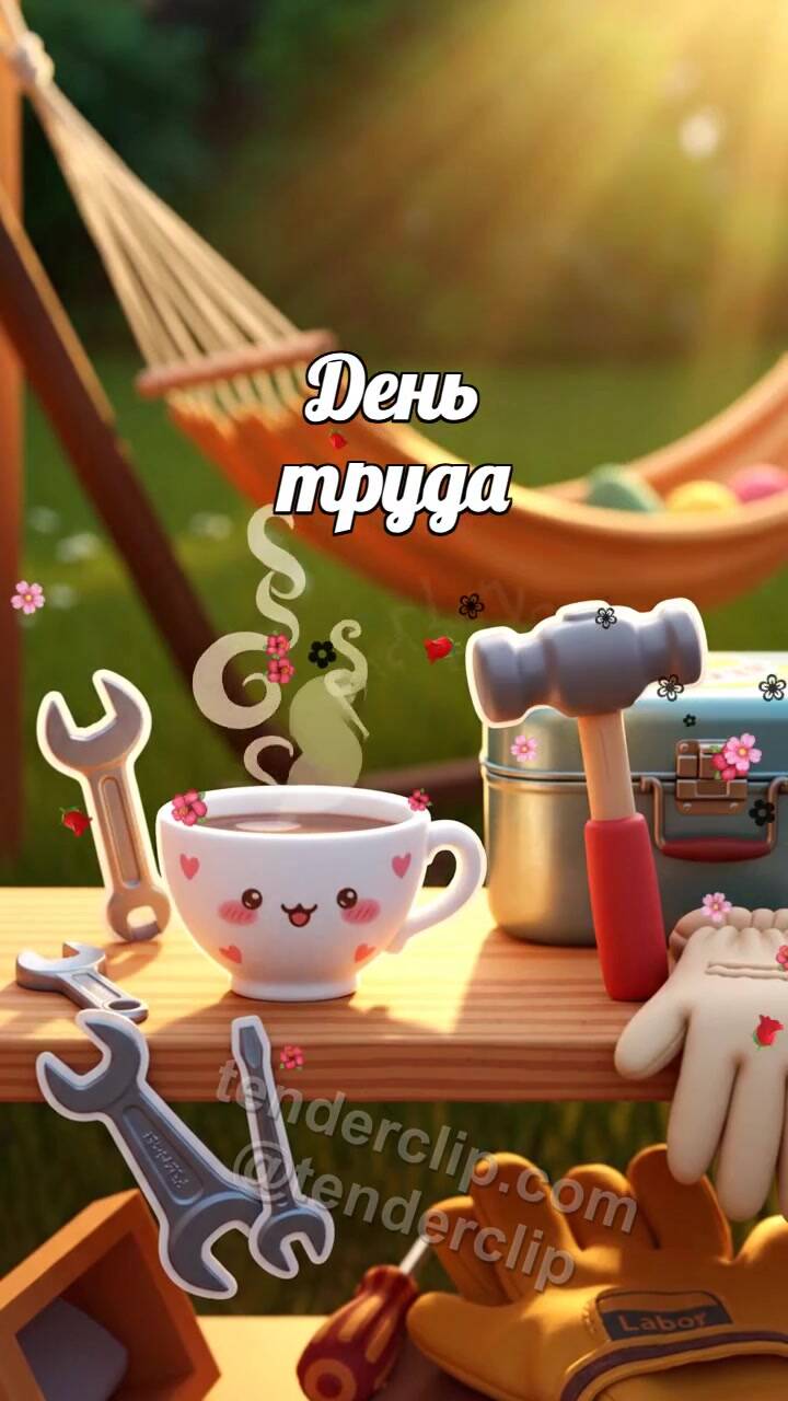 Анимационная открытка на тему День труда: чашка чая придвигается ближе