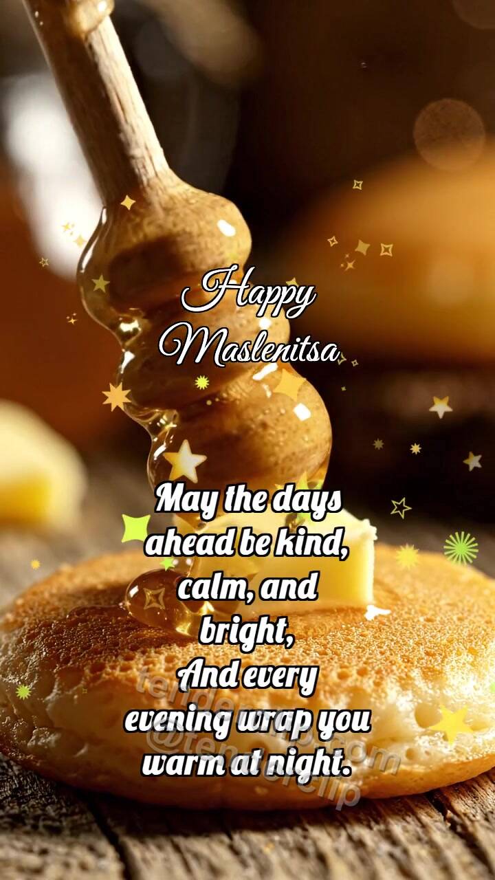 Animated greeting card about Happy Maslenitsa: Honey Spindle Glazes Blini
