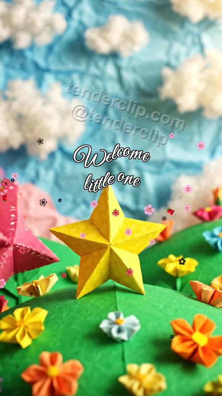 Animated greeting card about Welcome little one: two paper stars help each other