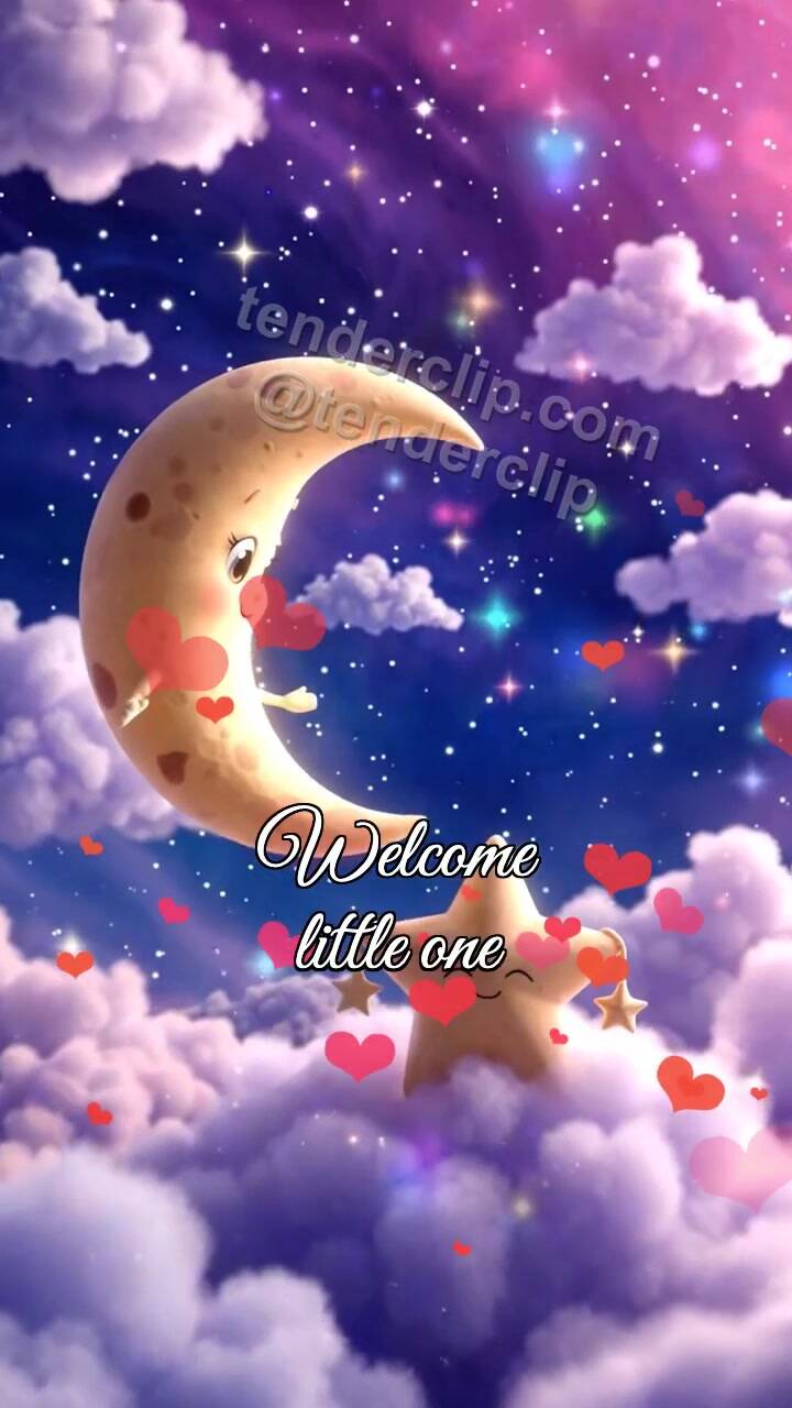 Animated greeting card about Welcome little one: moon lifts a star