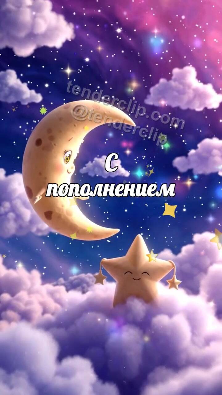 Анимационная открытка на тему С пополнением: луна поднимает звезду