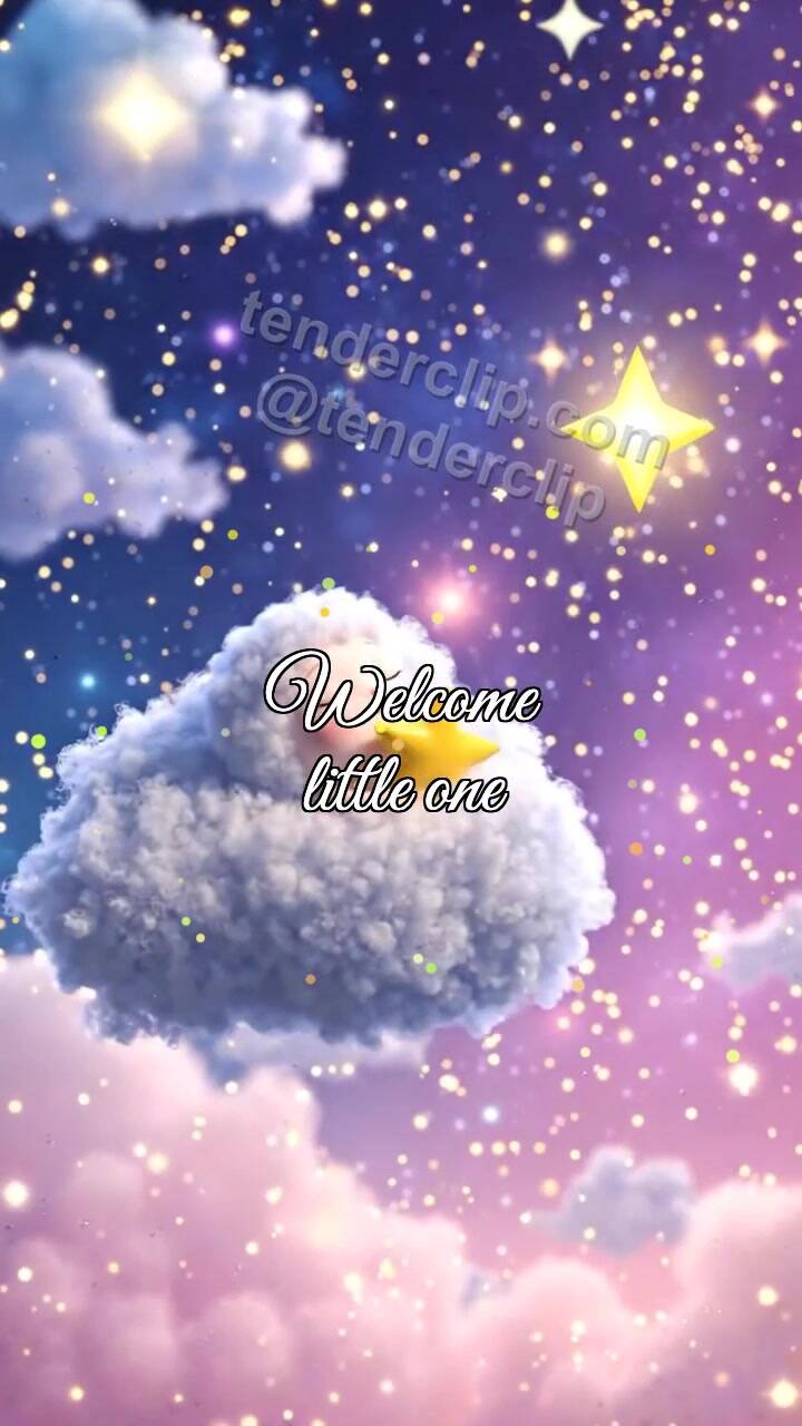 Animated greeting card about Welcome little one: sleepy cloud carries a star