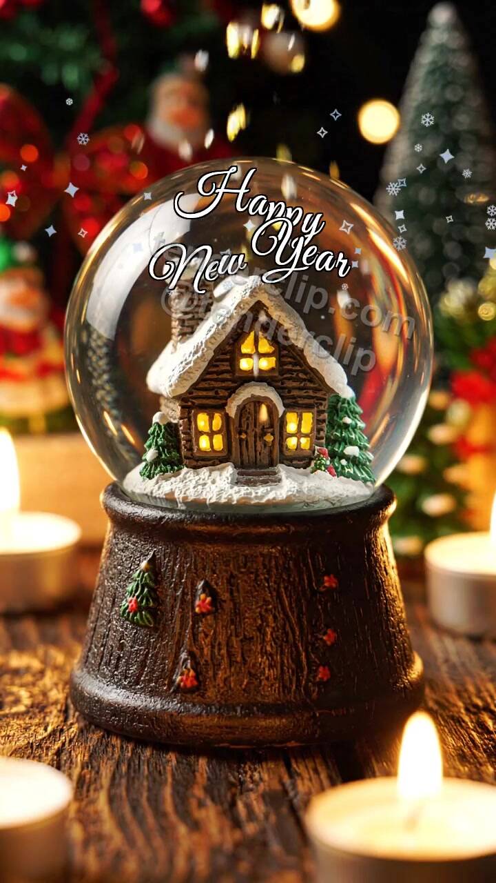 Animated greeting card about Happy New Year: Snow Globe Ribbon