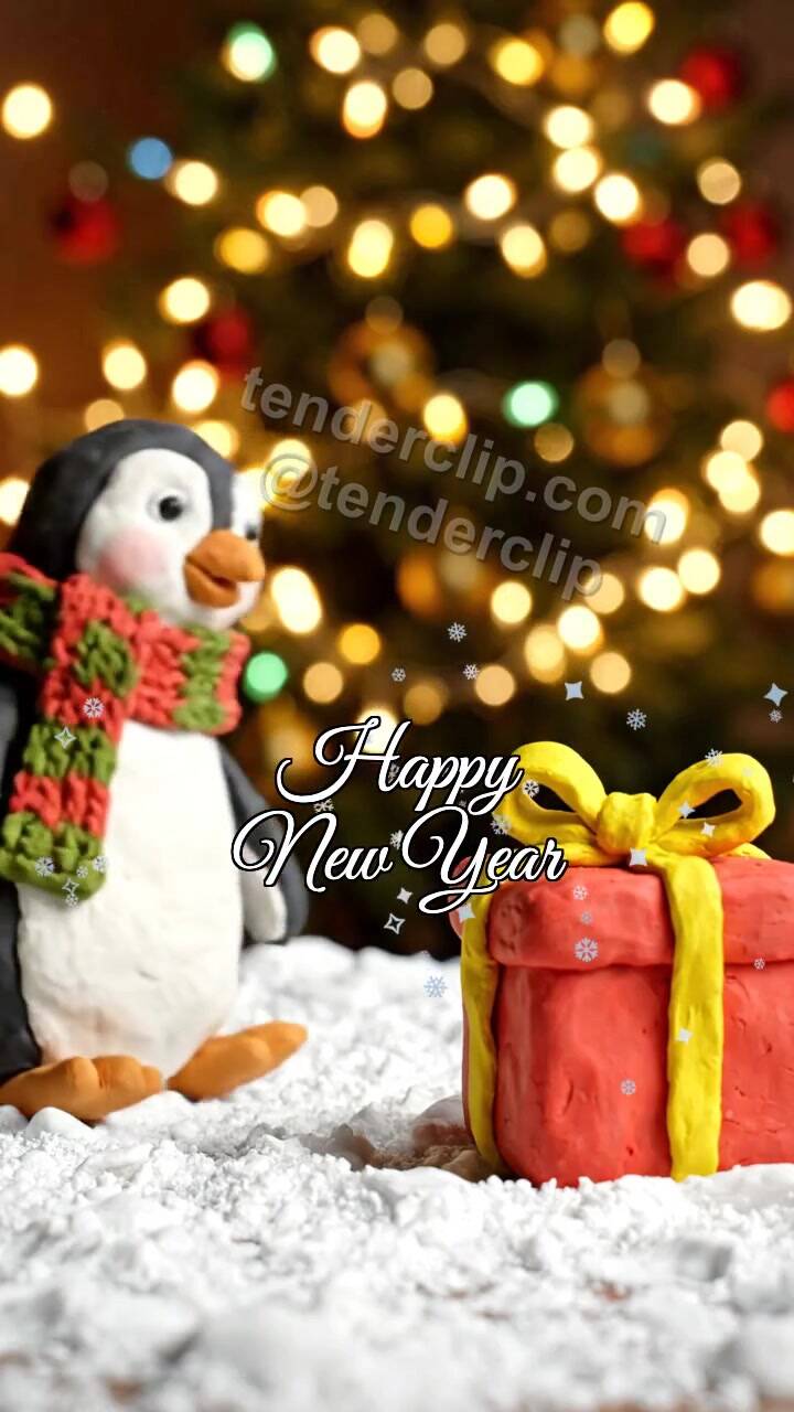 Animated greeting card about Happy New Year: Penguin Scarf Gift