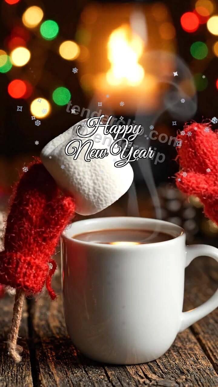 Animated greeting card about Happy New Year: Mittens Hot Cocoa