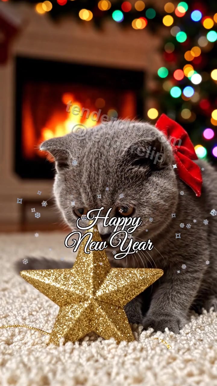 Animated greeting card about Happy New Year: Cat Tree Star