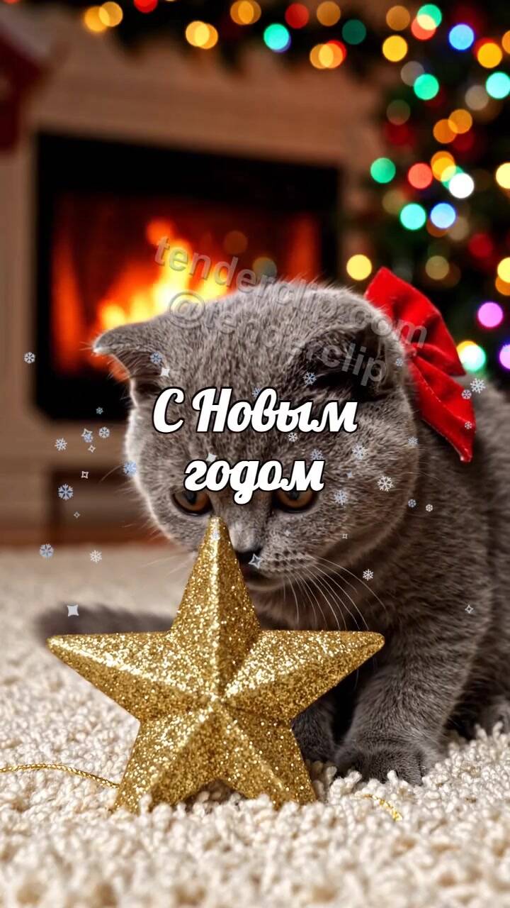 Анимационная открытка на тему С Новым годом: котенок зажигает елочную звезду