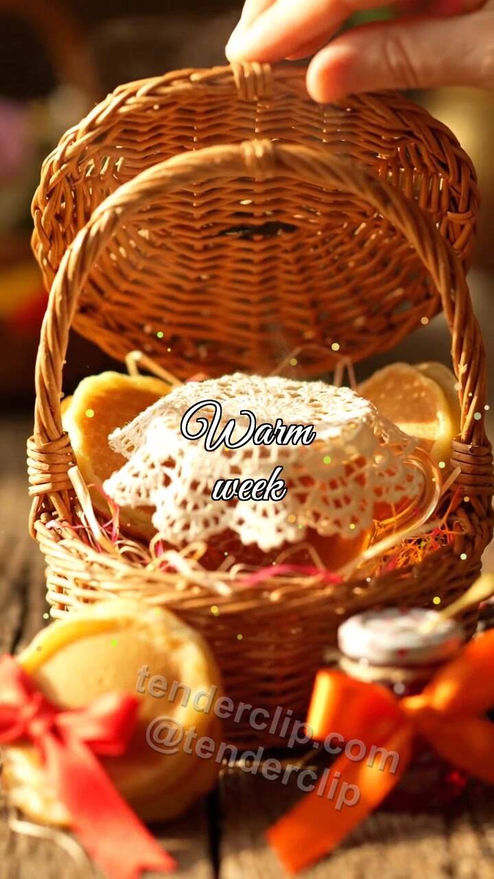 Animated greeting card about Warm week: basket opens carefully
