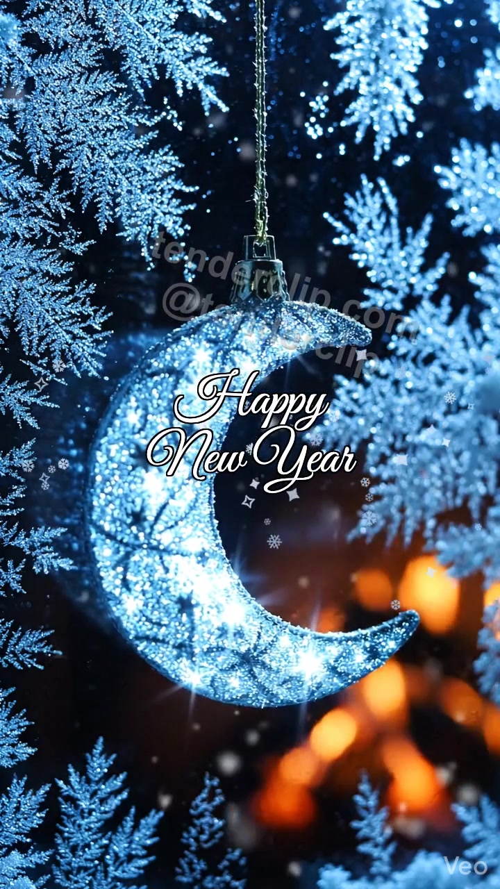 Animated greeting card about Happy New Year: Moon Window Snow