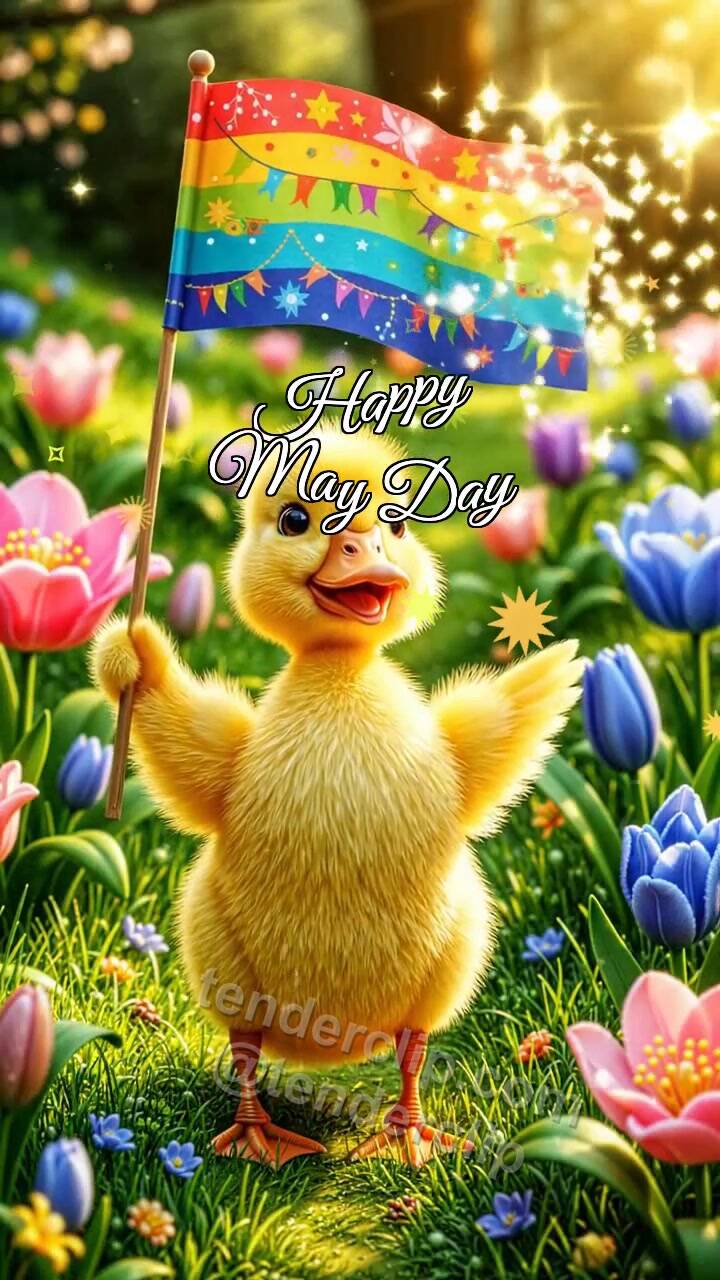 Animated greeting card about Happy May Day: Duckling With Spring Flag