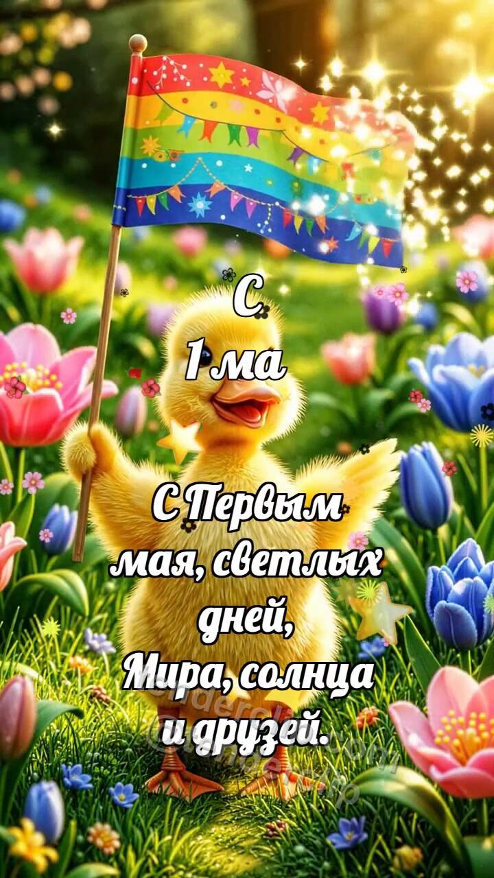 Анимационная открытка на тему С 1 мая: Утёнок с весенним флажком