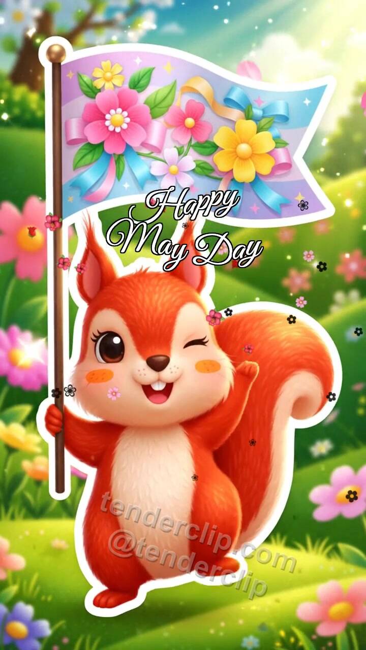 Animated greeting card about Happy May Day: Squirrel With Spring Flag