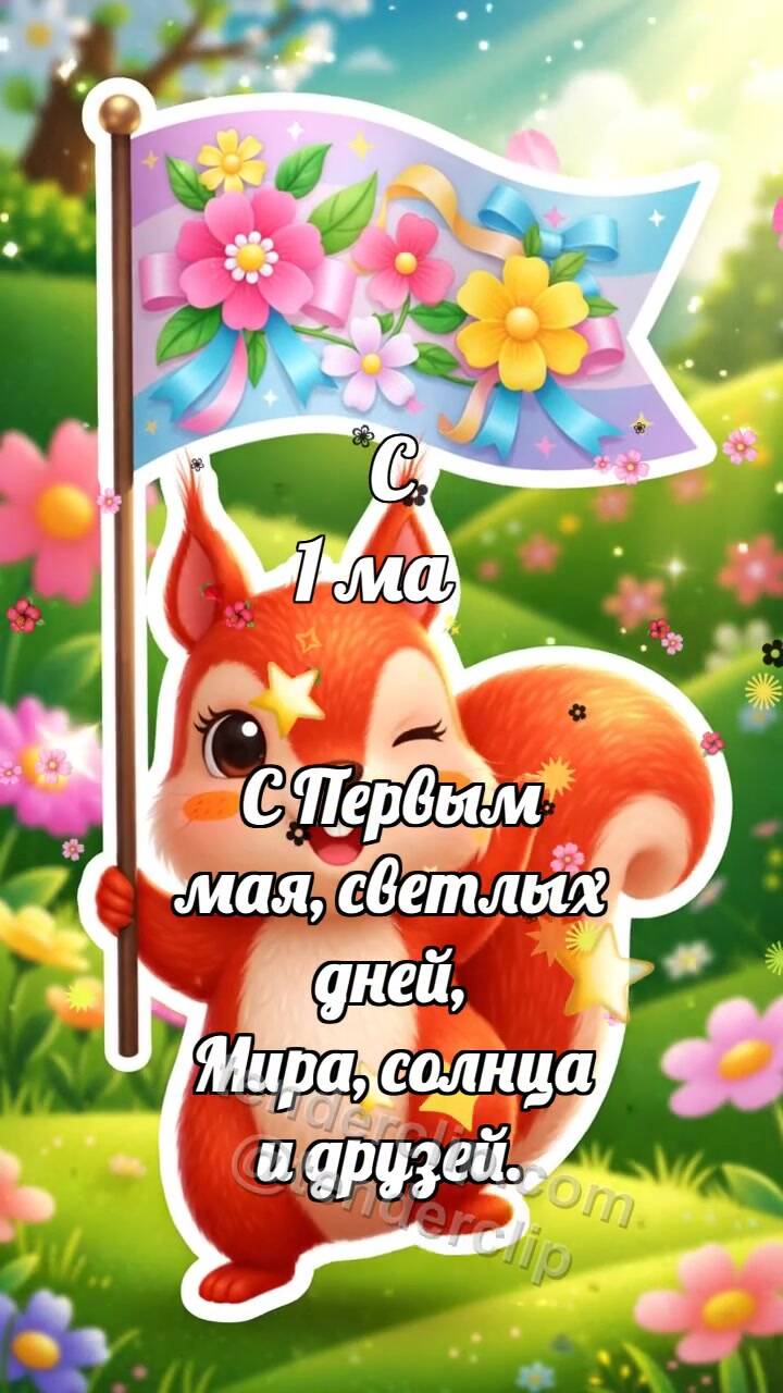 Анимационная открытка на тему С 1 мая: Белочка с весенним флажком