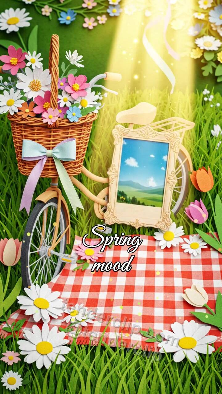 Animated greeting card about Spring mood: photo frame straightens itself