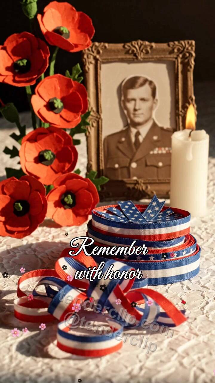 Animated greeting card about Remember with honor: ribbon fixes the decoration