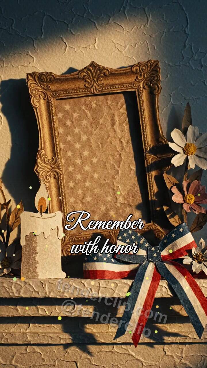 Animated greeting card about Remember with honor: photo frame straightens itself