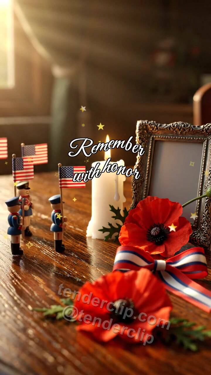 Animated greeting card about Remember with honor: tiny parade crosses the table