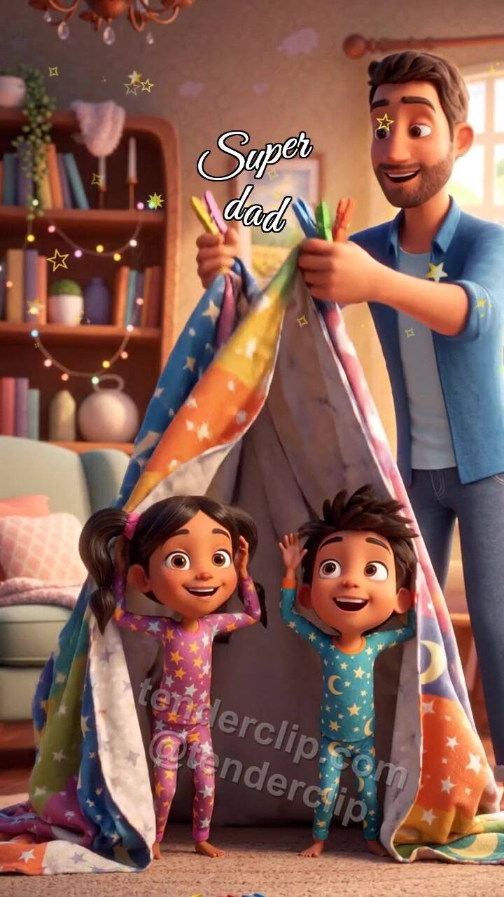 Animated greeting card about Super dad: blanket fort collapses, and dad rebuilds it into a glowing tiny castle