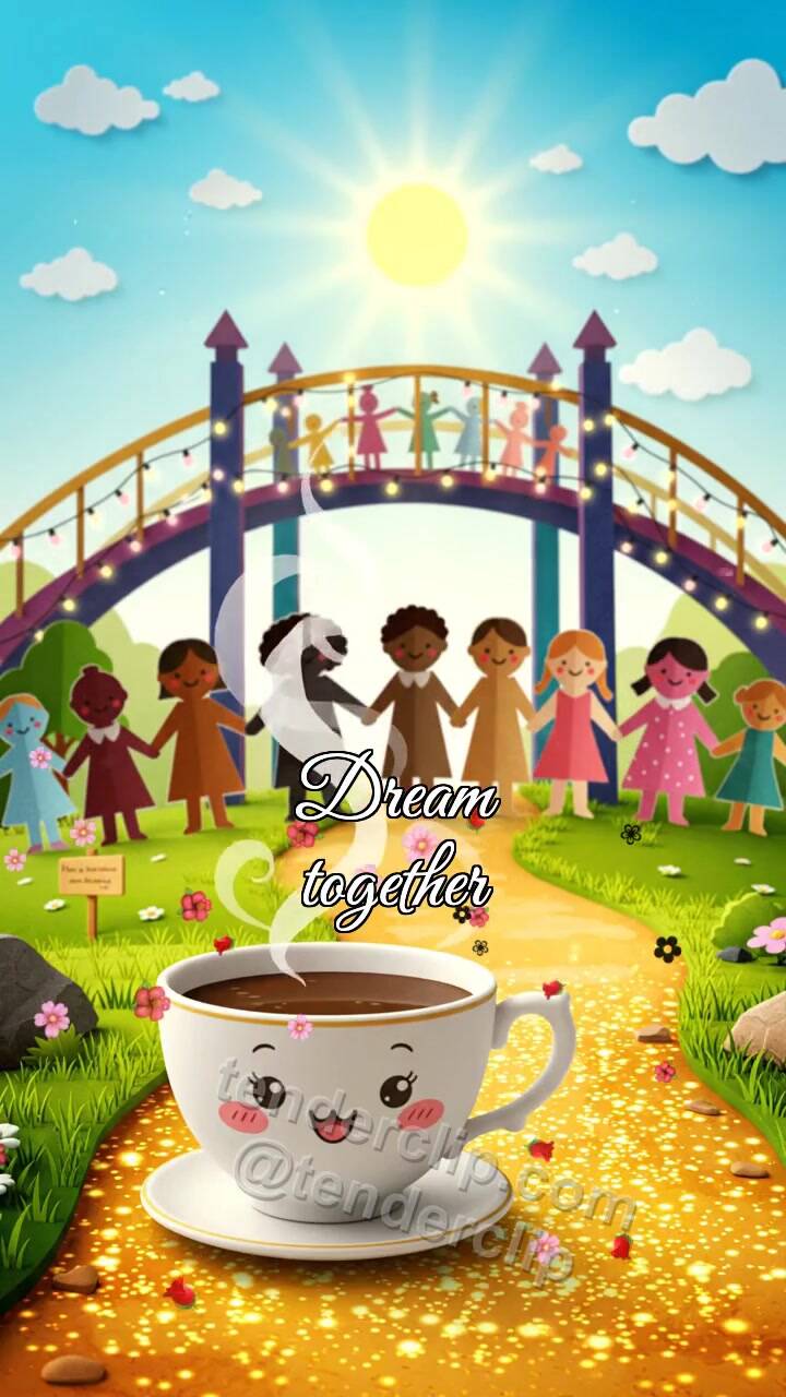 Animated greeting card about Dream together: tea moves closer