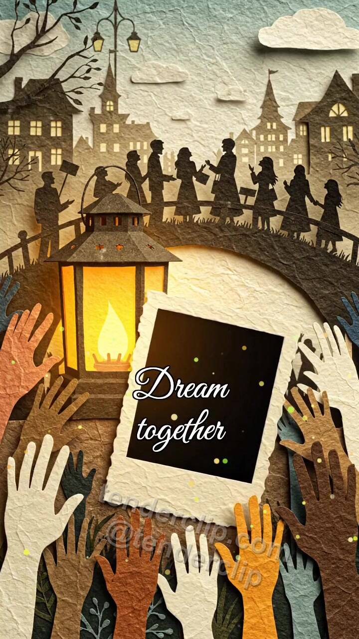 Animated greeting card about Dream together: photo frame straightens itself