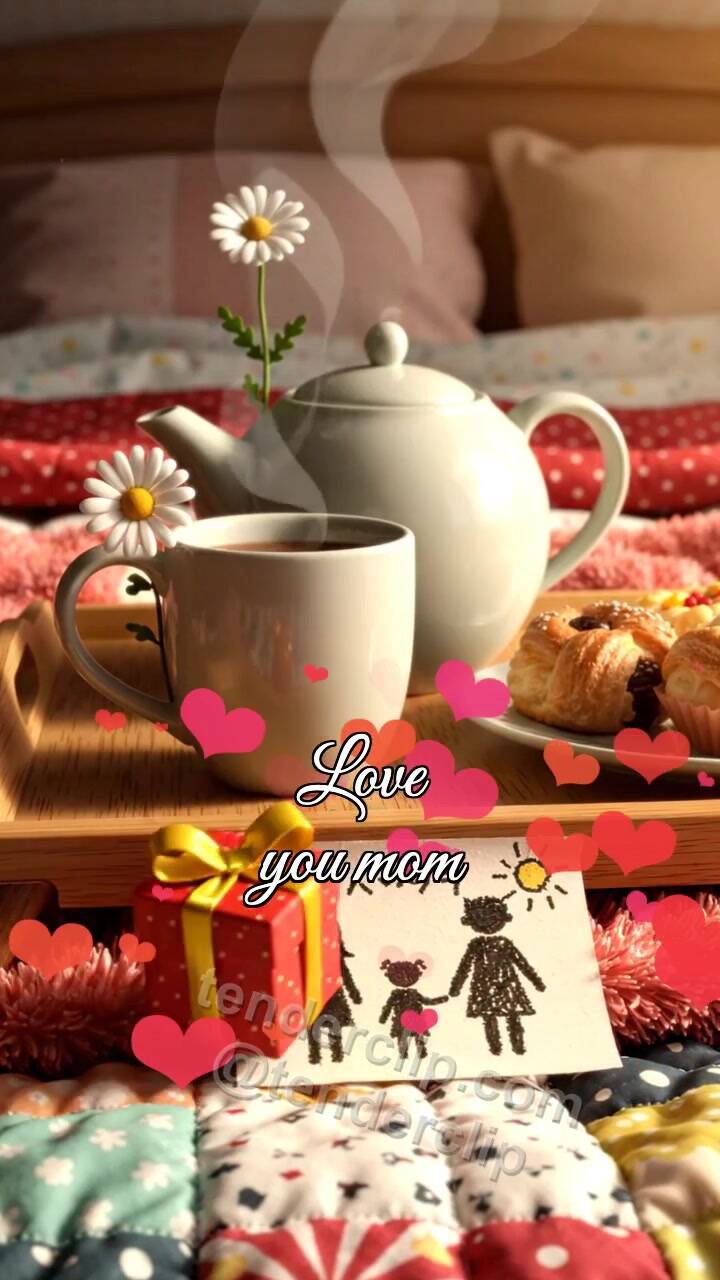 Animated greeting card about Love you mom: gift finds a place beside the symbol