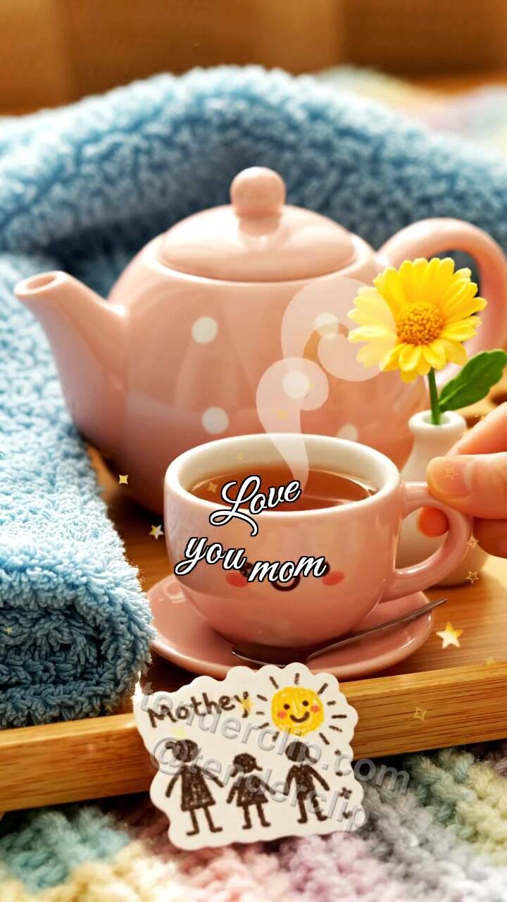 Animated greeting card about Love you mom: tea moves closer